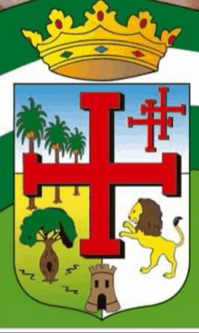 a coat of arms with a cross a lion and trees