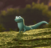 a cartoon lizard is standing on top of a mossy hill