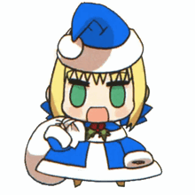 a cartoon character wearing a blue santa hat