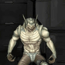 a statue of a monster with horns is standing in a dark room in a video game .