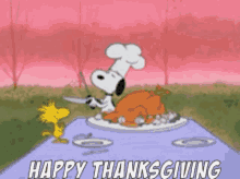 a cartoon of snoopy cutting a turkey with the words happy thanksgiving written below it