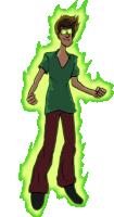 a drawing of a cartoon character with green glowing eyes