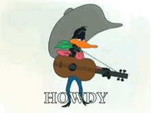 a cartoon duck wearing a cowboy hat is holding a guitar and singing howdy