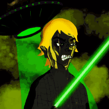 a cartoon drawing of a man with a green light saber