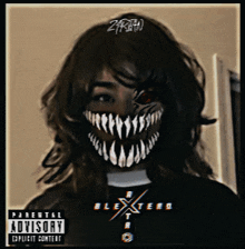 a picture of a woman with a mask on her face has a parental advisory sticker on it