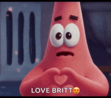 patrick star from spongebob squarepants making a heart shape with his hands .