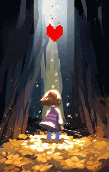 a drawing of a girl standing in a dark forest with a heart coming out of the sky