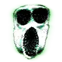 a pixel art drawing of a ghost face with a glowing mouth