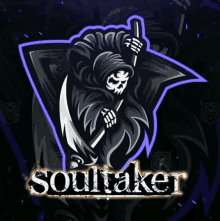 a logo for soultaker shows a grim reaper holding a sword