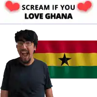 a man with glasses screams in front of a ghana flag