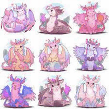 a set of pink and purple dragons sitting next to each other .