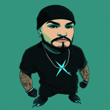 a cartoon of a man with a beard wearing a black shirt with a blue x on it