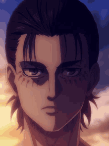 a close up of eren jaeger 's face from attack on titan with a sunset in the background .