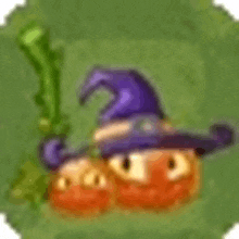 a cartoon of a pumpkin wearing a witch hat and holding a stick .