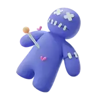 a blue voodoo doll with pins in it 's chest and arms