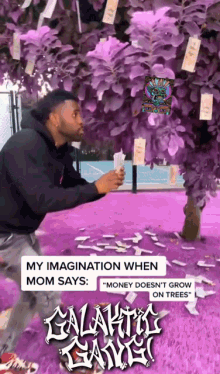 a man in a black hoodie stands in front of a purple tree with money hanging from it