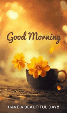 a picture of a cup of coffee with yellow flowers and the words " good morning have a beautiful day "