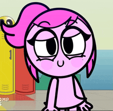 a cartoon girl with pink hair is standing in front of a yellow locker