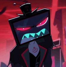 a cartoon character with red eyes and teeth is wearing a top hat and a suit