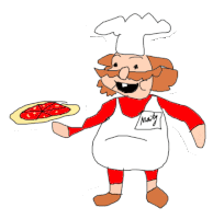 a drawing of a chef holding a pizza with the word nasty written on his apron