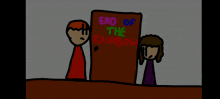 a cartoon of two people standing in front of a door that reads end of the rainbow