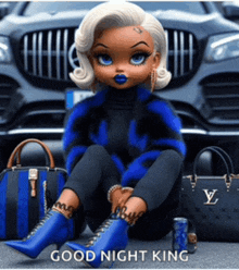 a cartoon doll is sitting in front of a mercedes with the words good night king written below her