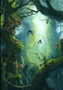 a painting of a forest with trees , mushrooms , birds and a house .