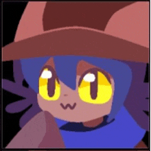 a cartoon character with blue hair and yellow eyes wearing a hat