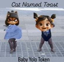 a cat named toast and a baby yolo token are dancing together