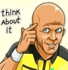 a bald man in a yellow shirt is pointing his finger at his ear and saying `` think about it '' .