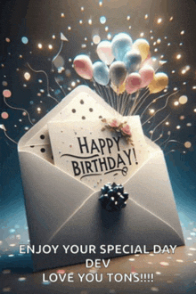 an envelope with balloons and a card that says happy birthday on it