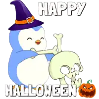 a penguin wearing a witch hat is holding a skull and the words happy halloween are below it