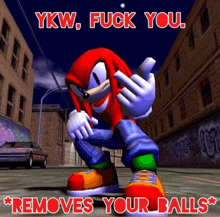 knuckles from sonic the hedgehog giving the middle finger with the words ykw fuck you removes your balls