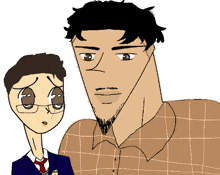 a drawing of a man and a boy with glasses