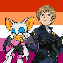 a cartoon of a woman holding a gun next to a bat with wings