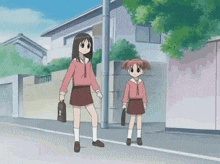 two cartoon girls are walking down a street