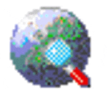 a pixel art drawing of a globe with a magnifying glass looking at it .