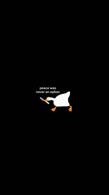 a duck with a knife in its beak is walking on a black background .