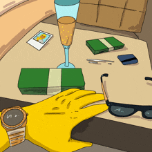 a cartoon drawing of a man wearing a watch and sunglasses with a stack of money and a glass of champagne