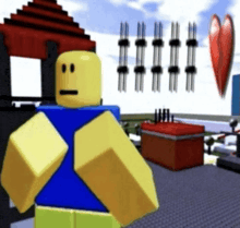a roblox character is standing in front of a building with a broken heart in the background