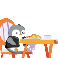 a penguin is sitting at a table eating a croissant and the words bon appetit are above it