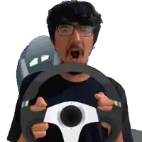 a man wearing glasses is holding a steering wheel in his hands