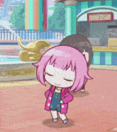 a girl with pink hair says good afternoon