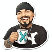 a man with a beard is holding a mug that says x on it