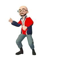 a cartoon character with a beard and glasses is wearing a red jacket and blue jeans