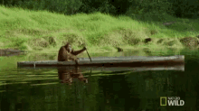 a monkey is paddling a canoe in a river with national geographic wild written on the bottom of the screen