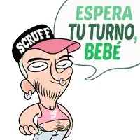 a cartoon of a man wearing a scruff hat says espera tu turno bebe
