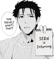 a black and white drawing of a man holding a note that says sern is listening