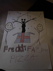 a child 's drawing of freddy fazbear pizza with stick figures