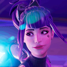 a close up of a woman 's face with purple and blue hair